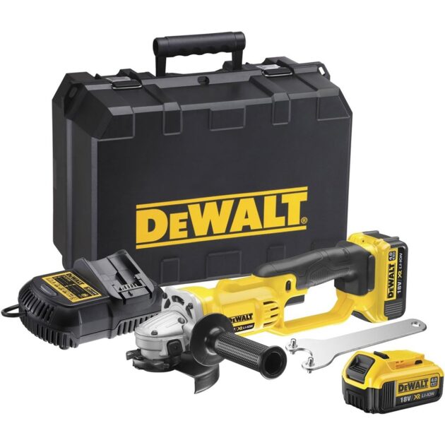 Cordless Angle Grinder (125mm), DCG412M2-GB 18V 5 In. Trigger Switch, with 2 x 4.0 Ah Li-Ion Batteries, Side Handle, Guard, Inner and Outer Flanges, Charger and Kitbox,DEWALT