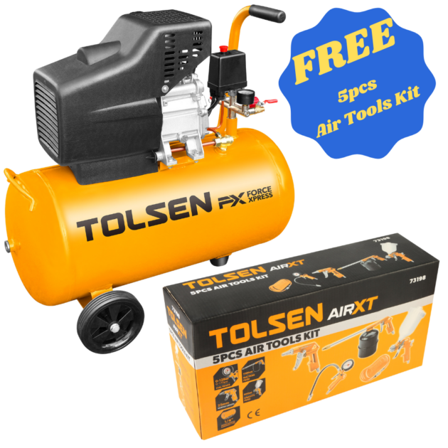 Tolsen,Air compressor,73125,24LTR,1500W / 2Hp, + Tolsen,5PCS Air Tools Kit ,73198,