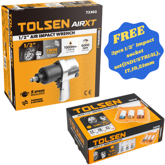 Tolsen,Air Impact Wrench(INDUSTRIAL),73302,1/2″, + Tolsen,3pcs 1/2″ Impact socket set(INDUSTRIAL),15510,17,19,21mm