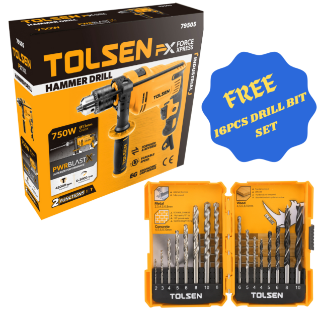 Tolsen,HAMMER DRILL(INDUSTRIAL),79505,750W, 13MM + Tolsen,16pcs drill bits set,75628,