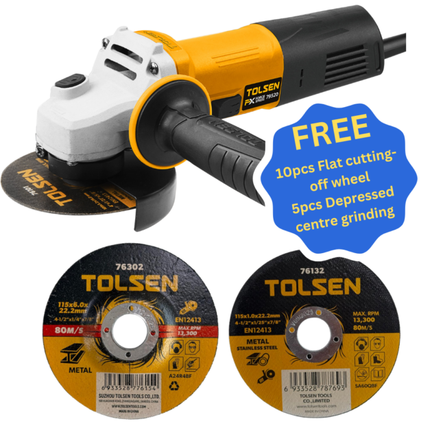 Angle grinder(INDSUTRIAL),79520,850W, DIA 115MM, TOLSEN + Tolsen,Flat cutting-off wheel (metal and stainless steel),76132,115×1.0x22.2 mm + Tolsen,Depressed centre grinding wheel(metal),76302,115×6.0x22.2mm