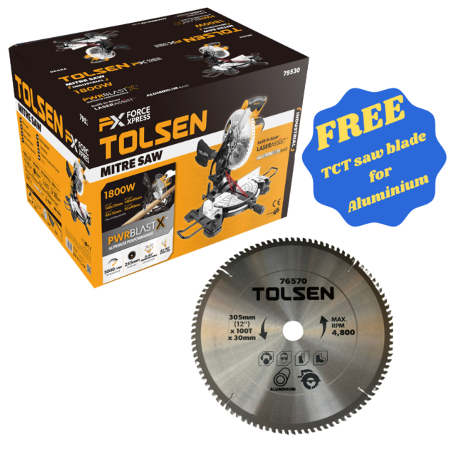 Mitre saw(INDUSTRIAL),79530,1800w, 255MM, TOLSEN + TOLSEN, TCT SAW BLADE FOR ALUMINIUM, 76570,