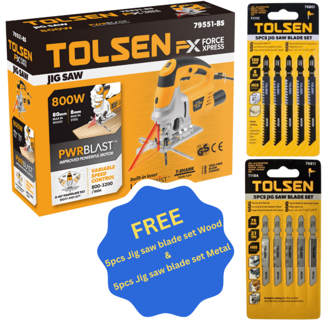 Jig saw,79551,800W, TOLSEN + Tolsen,5pcs Jigsaw Blades Set(INDUSTRIAL),76801, Wood + Tolsen,5pcs Jigsaw Blades Set(INDUSTRIAL),76811, Metal