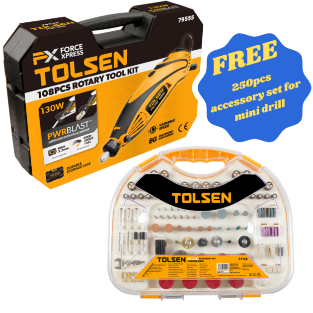 108pcs rotary tool set,79555,135W,TOLSEN, + 250pcs accessory set for mini drill,77115,TOLSEN