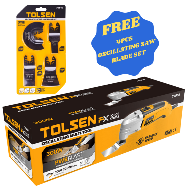 Oscillating Multi-Tool,79558, 230-240V,TOLSEN, + TOLSEN, 4PCS OSCILLATING SAW BLADE SET, 76840,