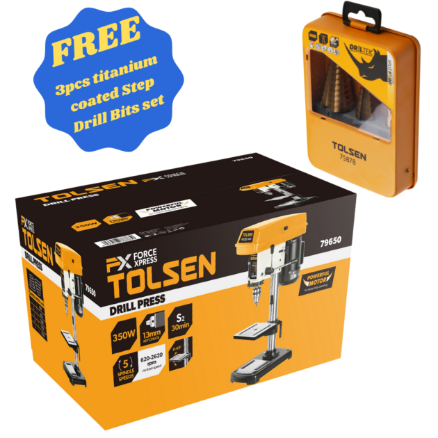 Tolsen,Drill press,79650,350W, 13MM, + Tolsen,3pcs titanium coated Step Drill Bits set,75878,