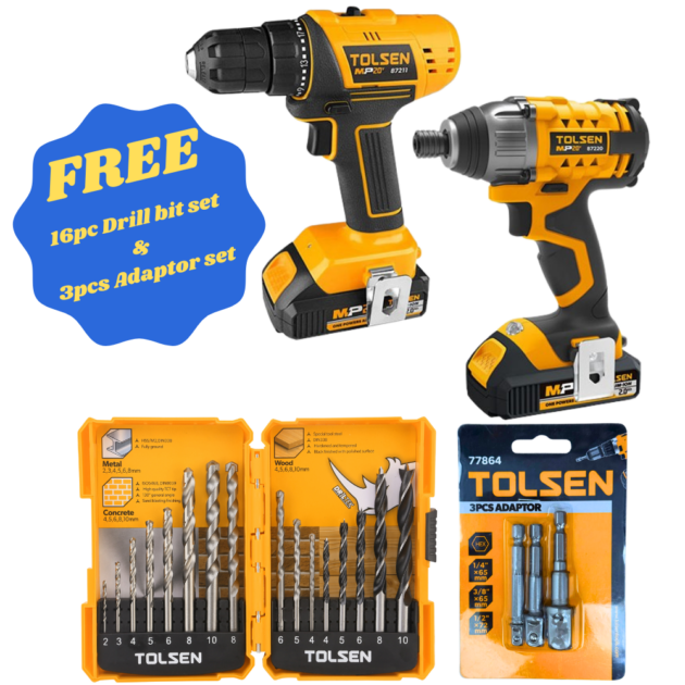 TOLSEN,20V LI-ION CORDLESS COMBO KIT, 87239, + Tolsen,16pcs drill bits set,75628, + Tolsen,3pcs Adaptor,77864,