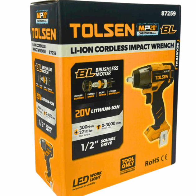 20V LI-ION BRUSHLESS CORDLESS IMPACT WRENCH (INDUSTRIAL) (TOOL ONLY), 87259, TOLSEN - Image 2